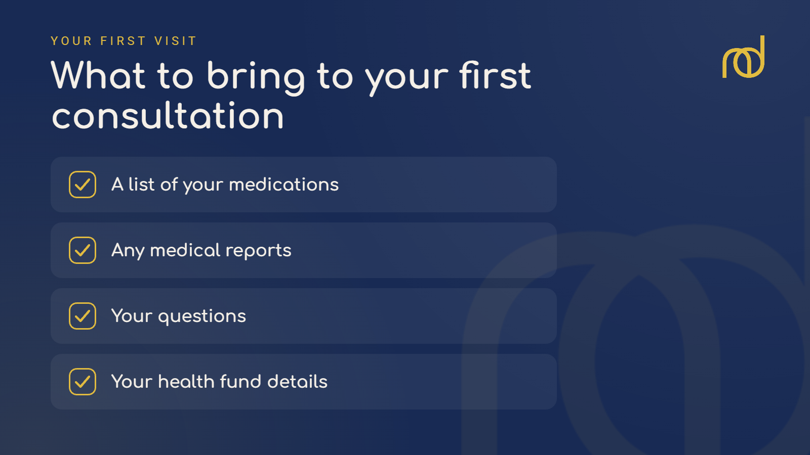 Checklist graphic listing what to bring to a first All-on-X consultation: medication list, medical reports, questions and health fund details