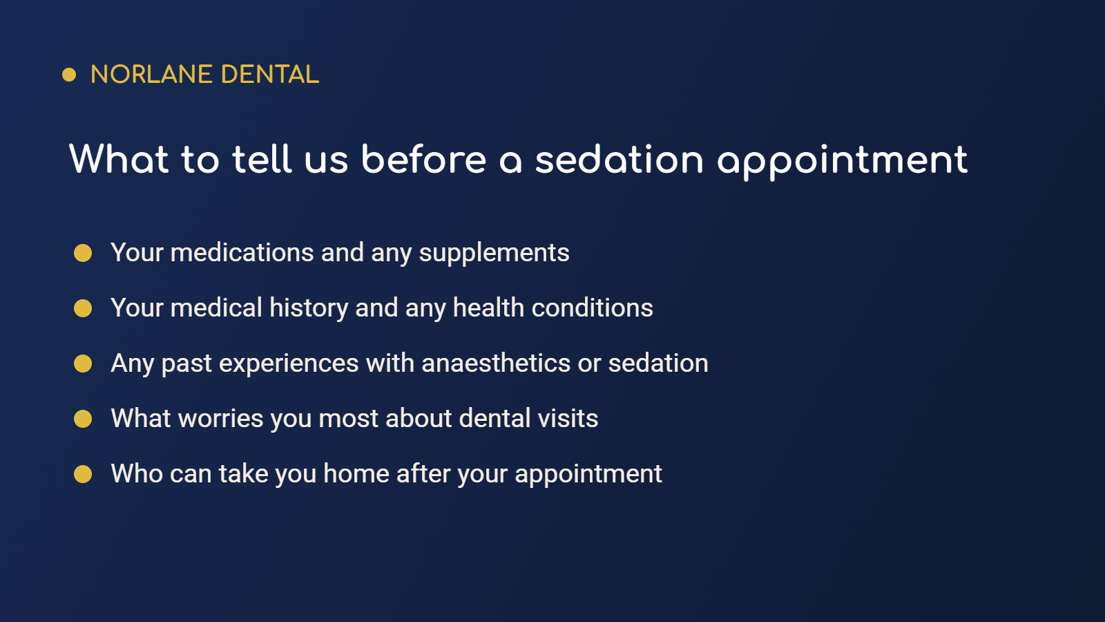Checklist graphic listing what to tell your dental team before sedation: medications, medical history, past experiences, worries and a lift home